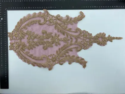 50 cm Bordo Tül Üzeri Gold Simli Aplik Brode, İthal