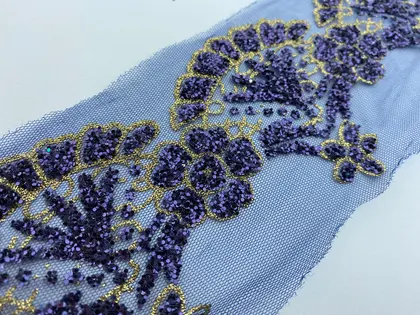 Lacivert Simli Polyester İthal Brode Bant Tül · 9,5 cm