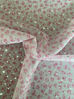 Tül · Yerli · Lez · Polyester · Simli · Baskılı · BEYAZ-PEMBE · 140 Cm