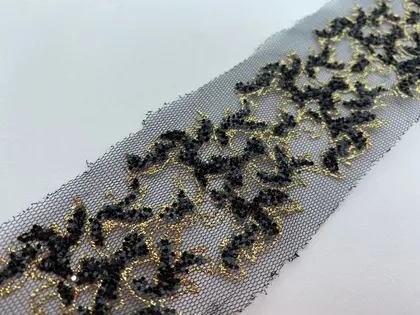 Negro Con brillo Poliéster Importado Broderie Cinta 5,5 cm
