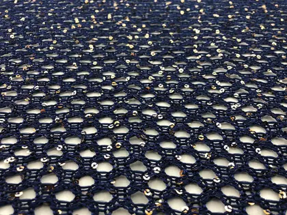 Navy Sequined Gold Polyester Domestic Mesh · 145 cm