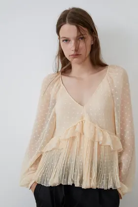 Beige A pois Poliestere Importato Tulle 145 cm