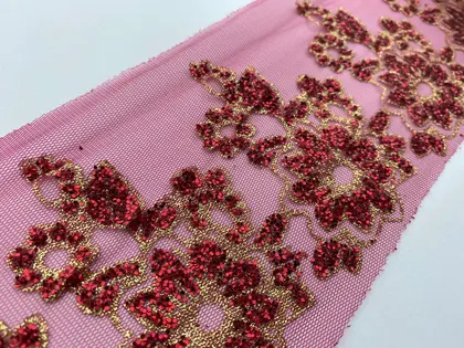 Bordo Simli Polyester İthal Brode Bant Tül · 10,5 cm