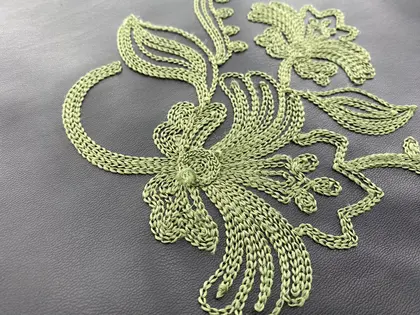 24361 Domestic Polyester Faux Leather Lace Fabric Green Embroidered Black 150 cm