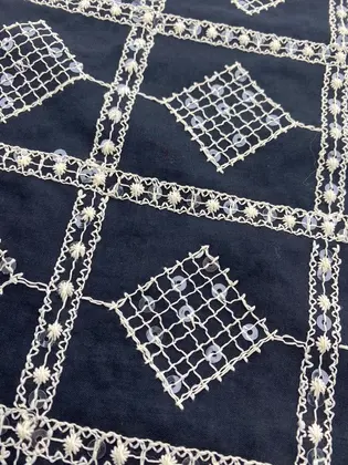 21645 Broderie · Domestic · Voile · Lace · Cotton Polyester · Sequined · Black Ground · Raw Yarn · 153 cm