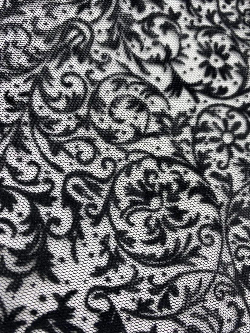 Siyah Baskılı Polyester Yerli Dantel Tül · 155 cm