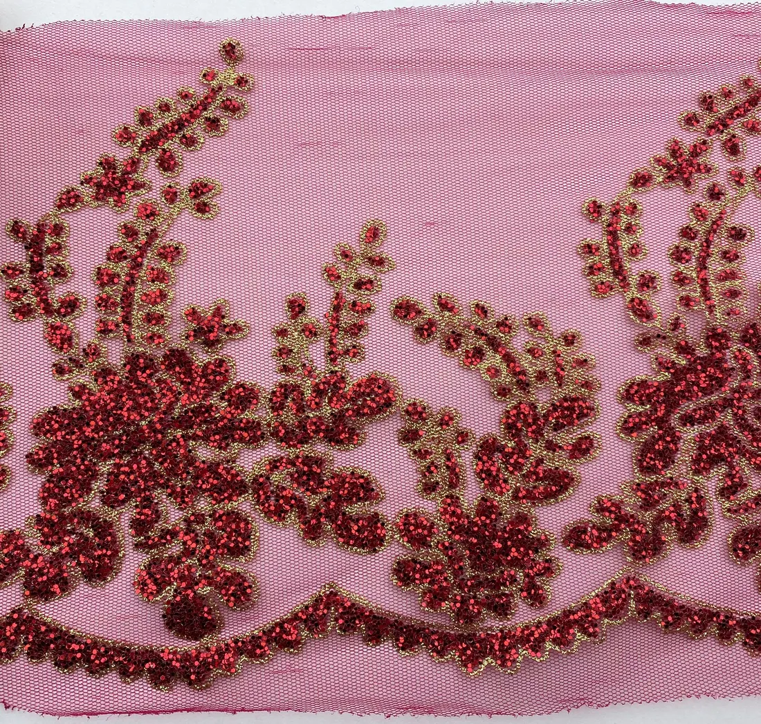 Bordo Simli Polyester İthal Brode Bant Tül · 18,5 cm