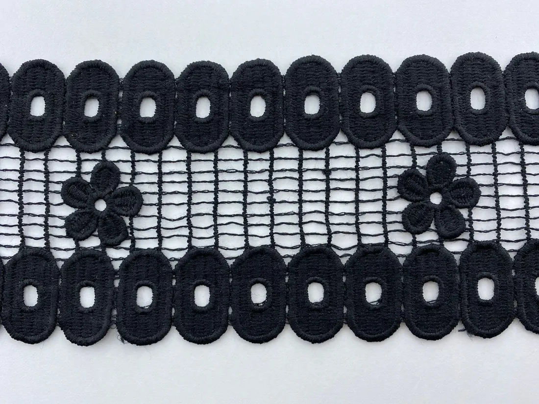 Siyah Mat Polyester İthal Güpür Brode Bant · 8 cm