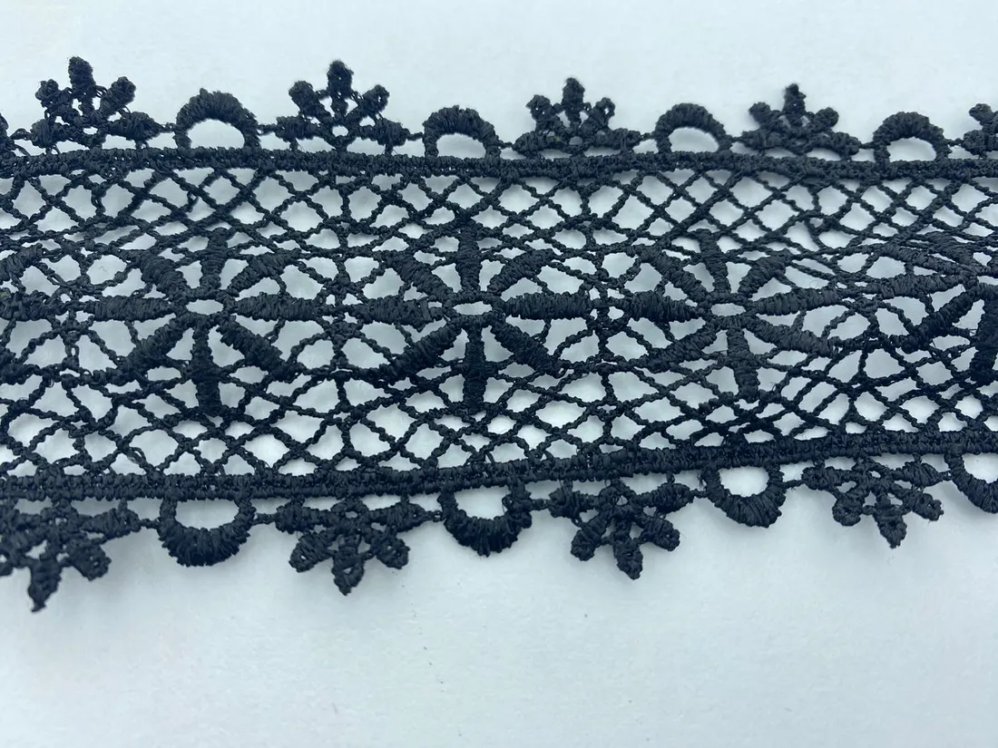 Siyah Polyester Yerli Güpür Brode Bant · 6 cm
